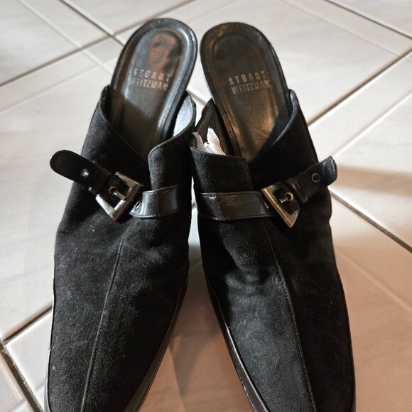 Stuart Weitzman Suede Buckle Slip On Heels Black 8M - Picture 2 of 9
